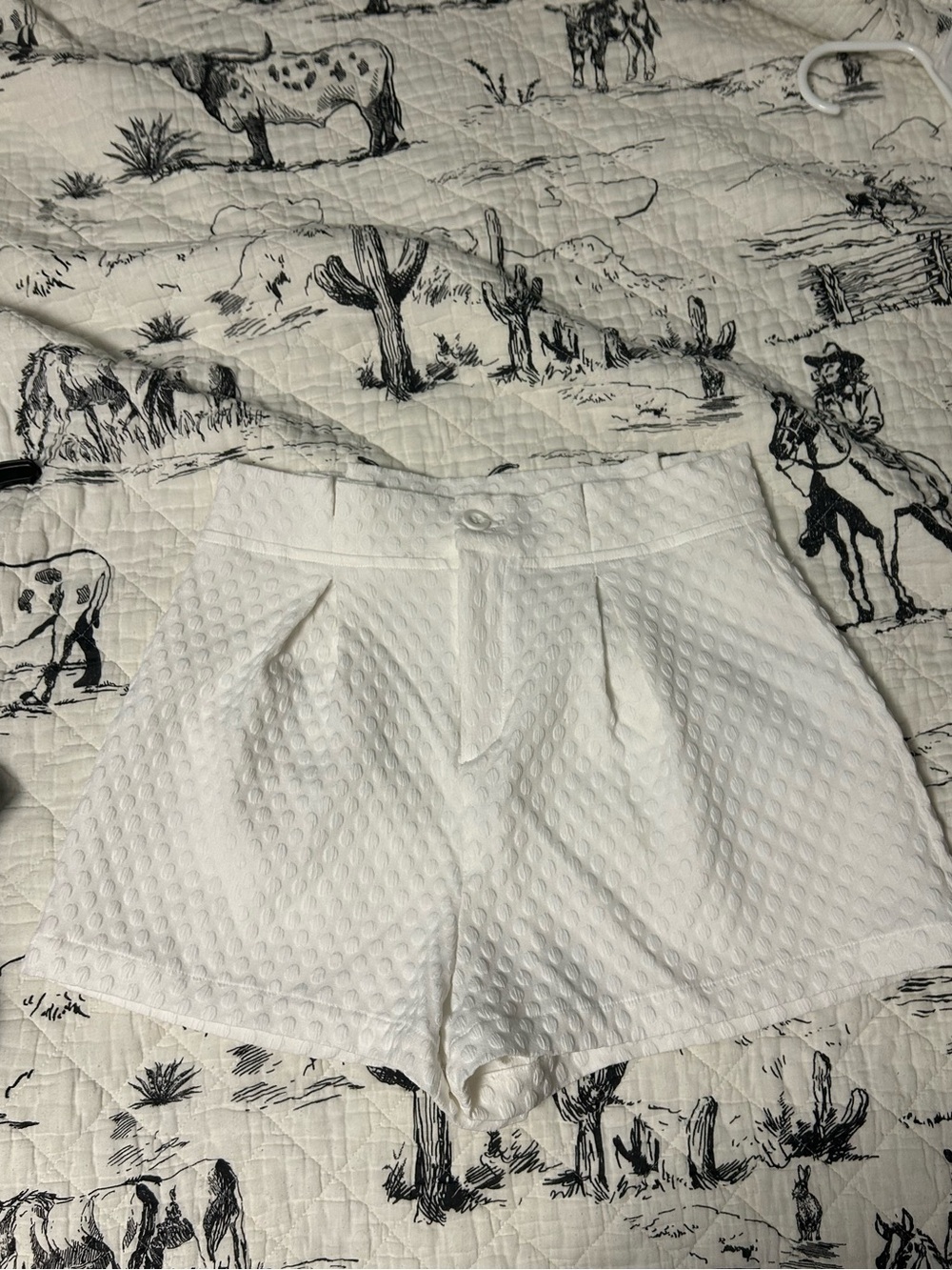 High-Waist White Textured Pleat Front Shorts